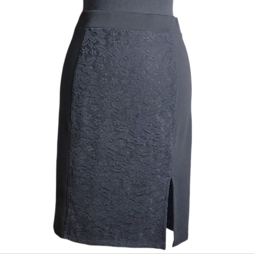Guess women's black lace overlay pencil skirt side slit stretch size medium